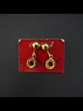 Vintage Gold Tone Dangle Earrings Double Circle Drop Clip On Estate Jewelry